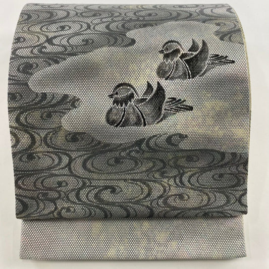 【庫存清倉】 袋帶 美品 名品級 附落款 鴛鴦 観世水 金金箔 漸層 銀色 大鼓圖案 純蠶絲