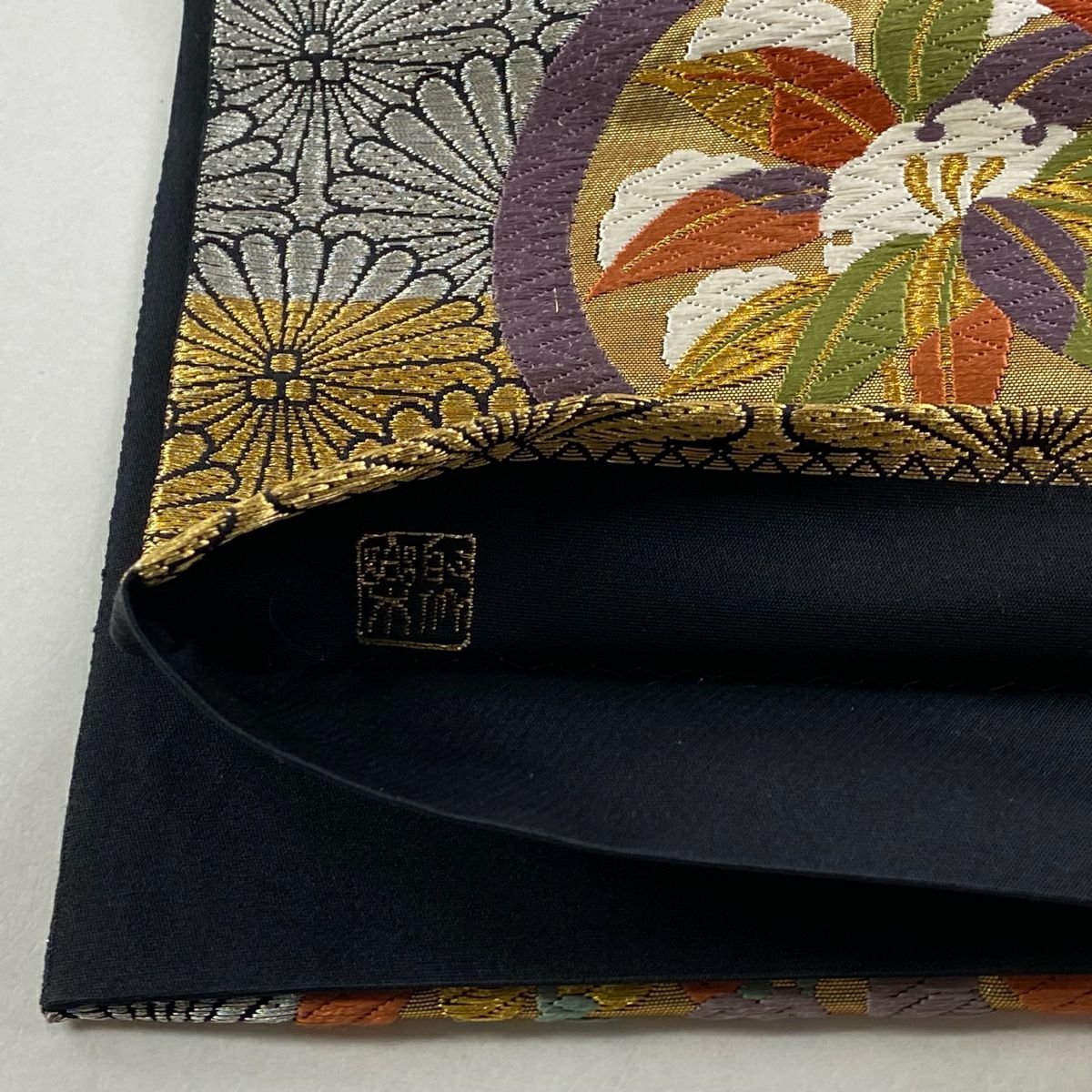 【庫存清倉】 袋帶 美品 名品級 じゅらく 有落款 鎌倉文 草花紋 金銀線 唐織 金色 六通 純蠶絲