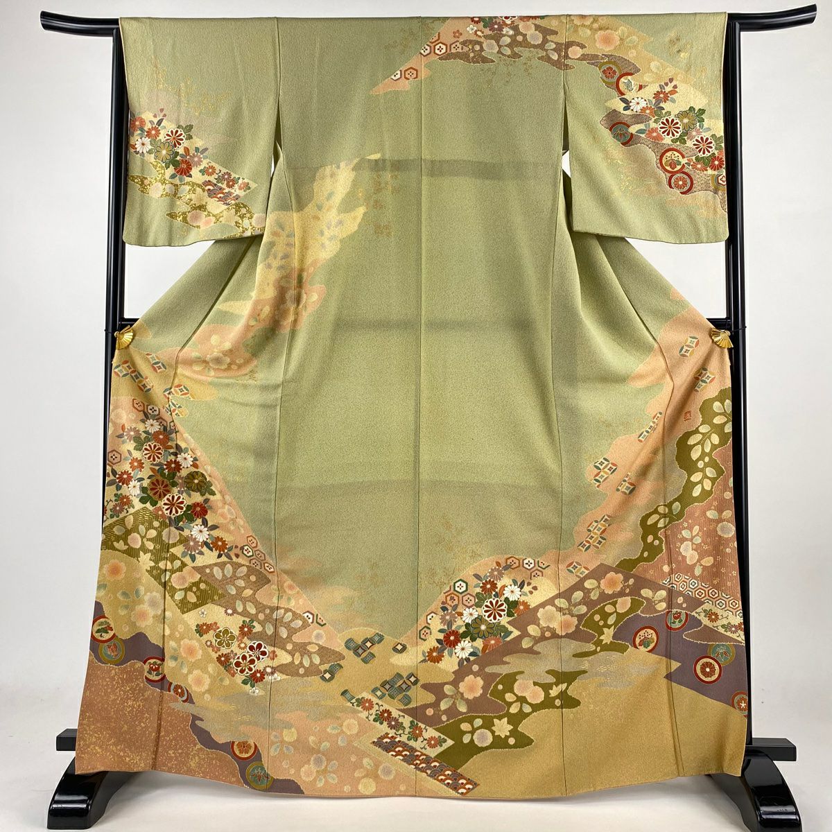 【庫存清倉】訪問服 身長168.5cm 袖長64cm M 雙層 落款 菊花 草花紋 金絲 金銀彩 淺綠 純蠶絲 名品級