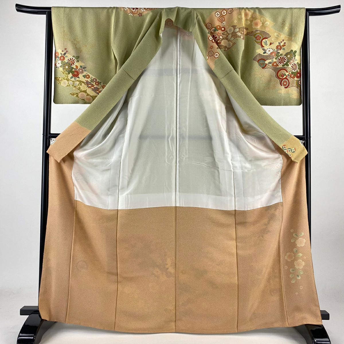 【庫存清倉】訪問服 身長168.5cm 袖長64cm M 雙層 落款 菊花 草花紋 金絲 金銀彩 淺綠 純蠶絲 名品級