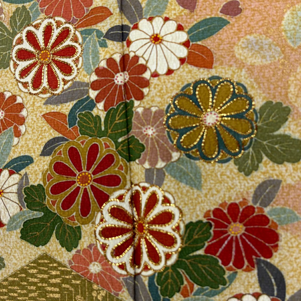 【庫存清倉】訪問服 身長168.5cm 袖長64cm M 雙層 落款 菊花 草花紋 金絲 金銀彩 淺綠 純蠶絲 名品級