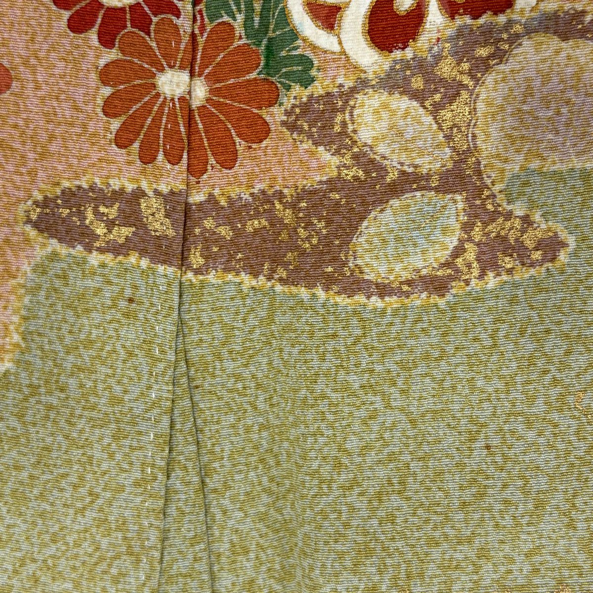 【庫存清倉】訪問服 身長168.5cm 袖長64cm M 雙層 落款 菊花 草花紋 金絲 金銀彩 淺綠 純蠶絲 名品級