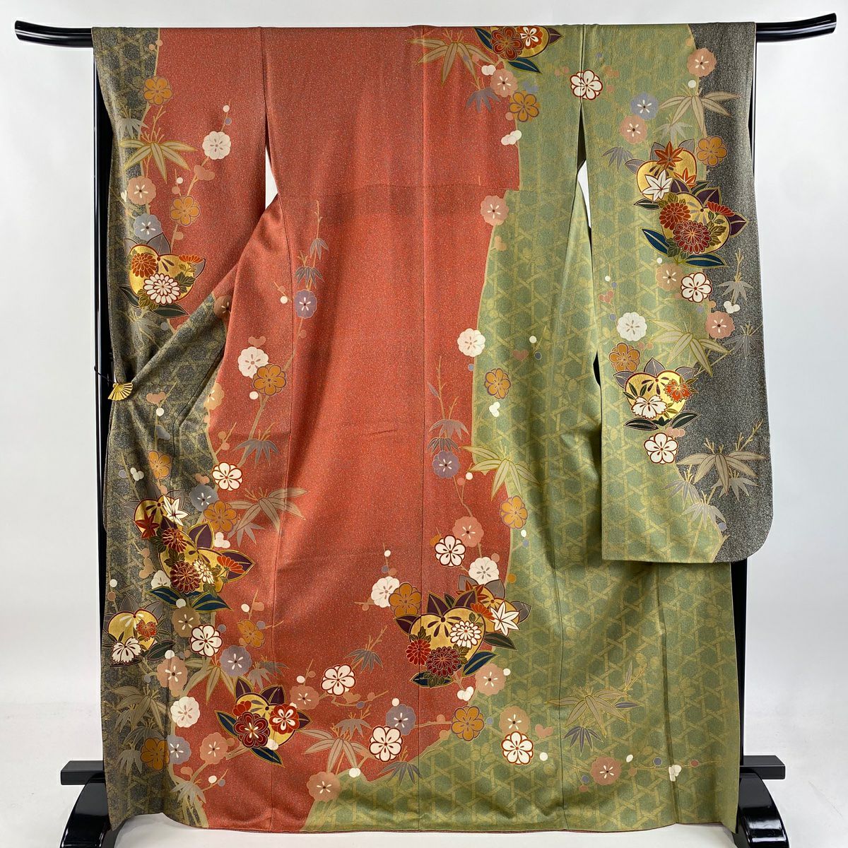 【庫存清倉】振袖禮服 身長171.5cm 袖長67cm M 雙層 橘 菊花 金絲 金銀彩 朱 純蠶絲 名品級