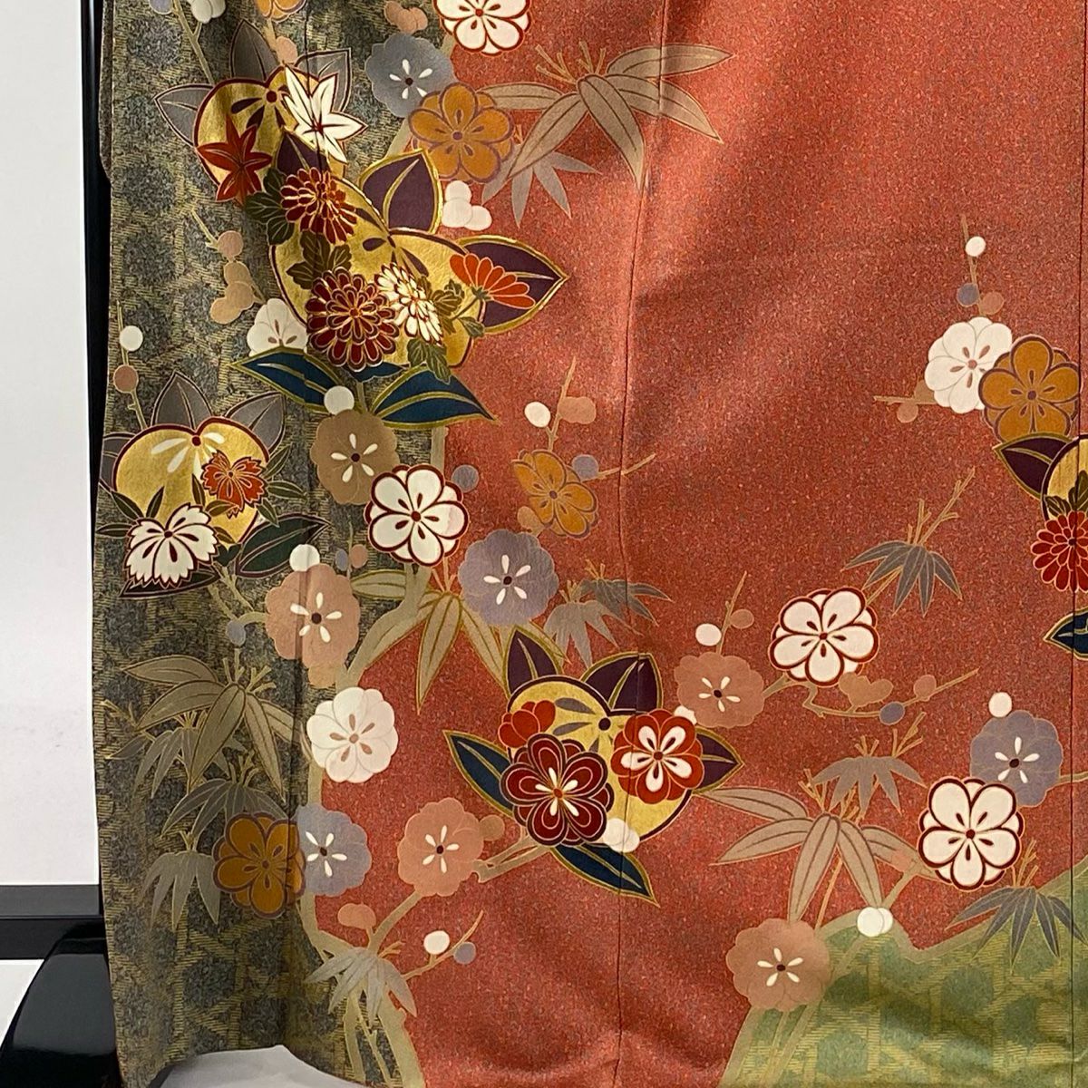 【庫存清倉】振袖禮服 身長171.5cm 袖長67cm M 雙層 橘 菊花 金絲 金銀彩 朱 純蠶絲 名品級