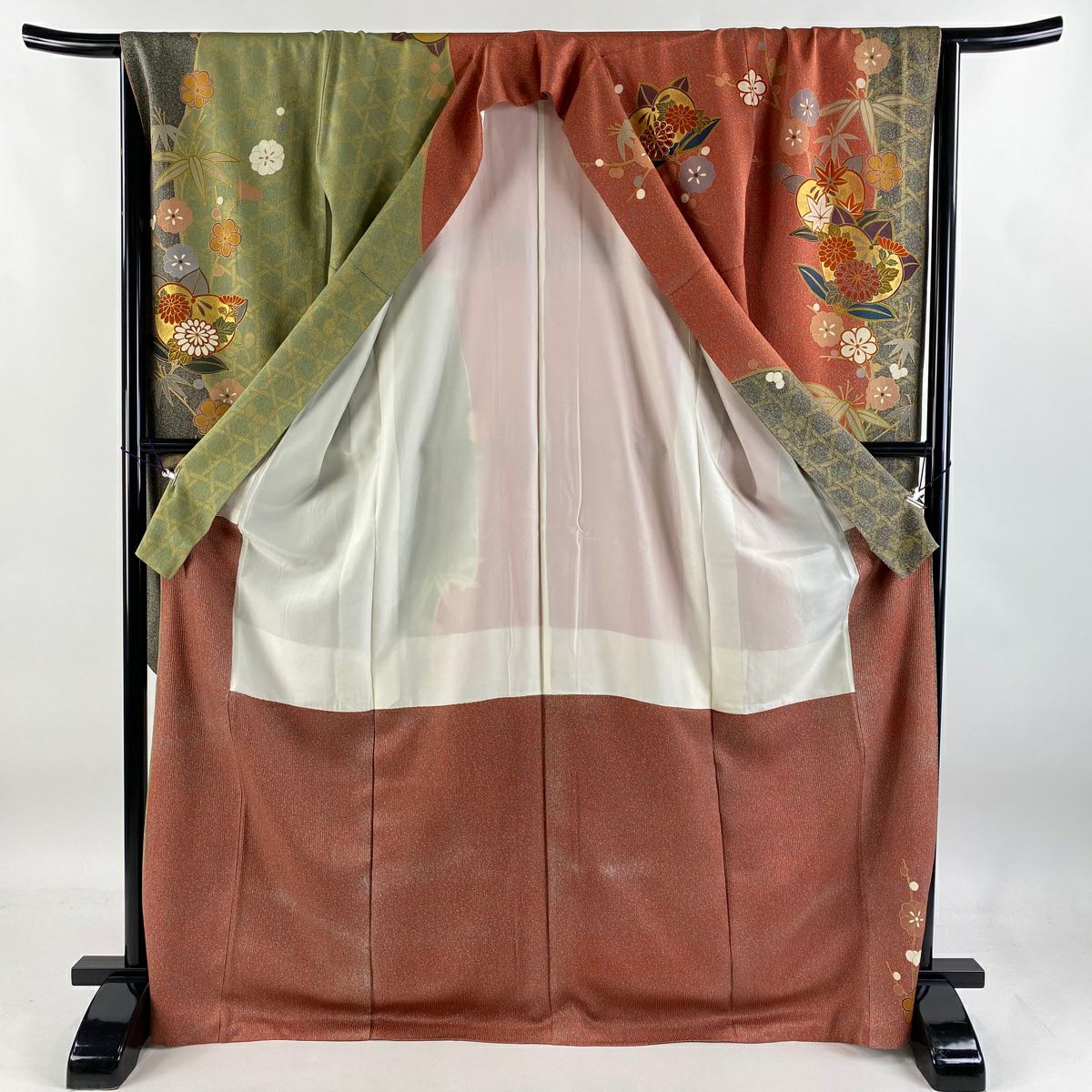 【庫存清倉】振袖禮服 身長171.5cm 袖長67cm M 雙層 橘 菊花 金絲 金銀彩 朱 純蠶絲 名品級