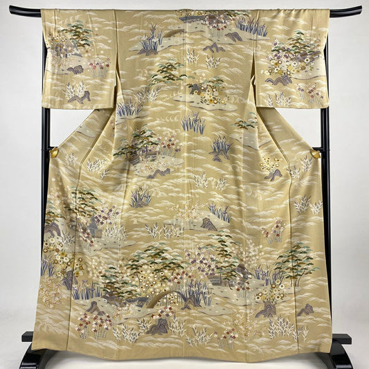【庫存清倉】訪問服 身長166cm 袖長67.5cm L 雙層 家屋 松樹竹子梅花 金絲 金銀彩 米色 純蠶絲 名品級