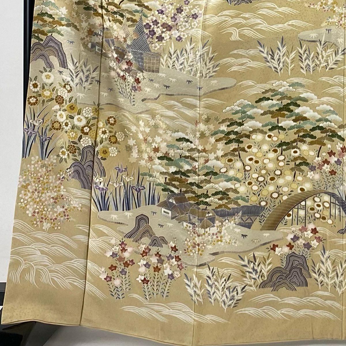 【庫存清倉】訪問服 身長166cm 袖長67.5cm L 雙層 家屋 松樹竹子梅花 金絲 金銀彩 米色 純蠶絲 名品級