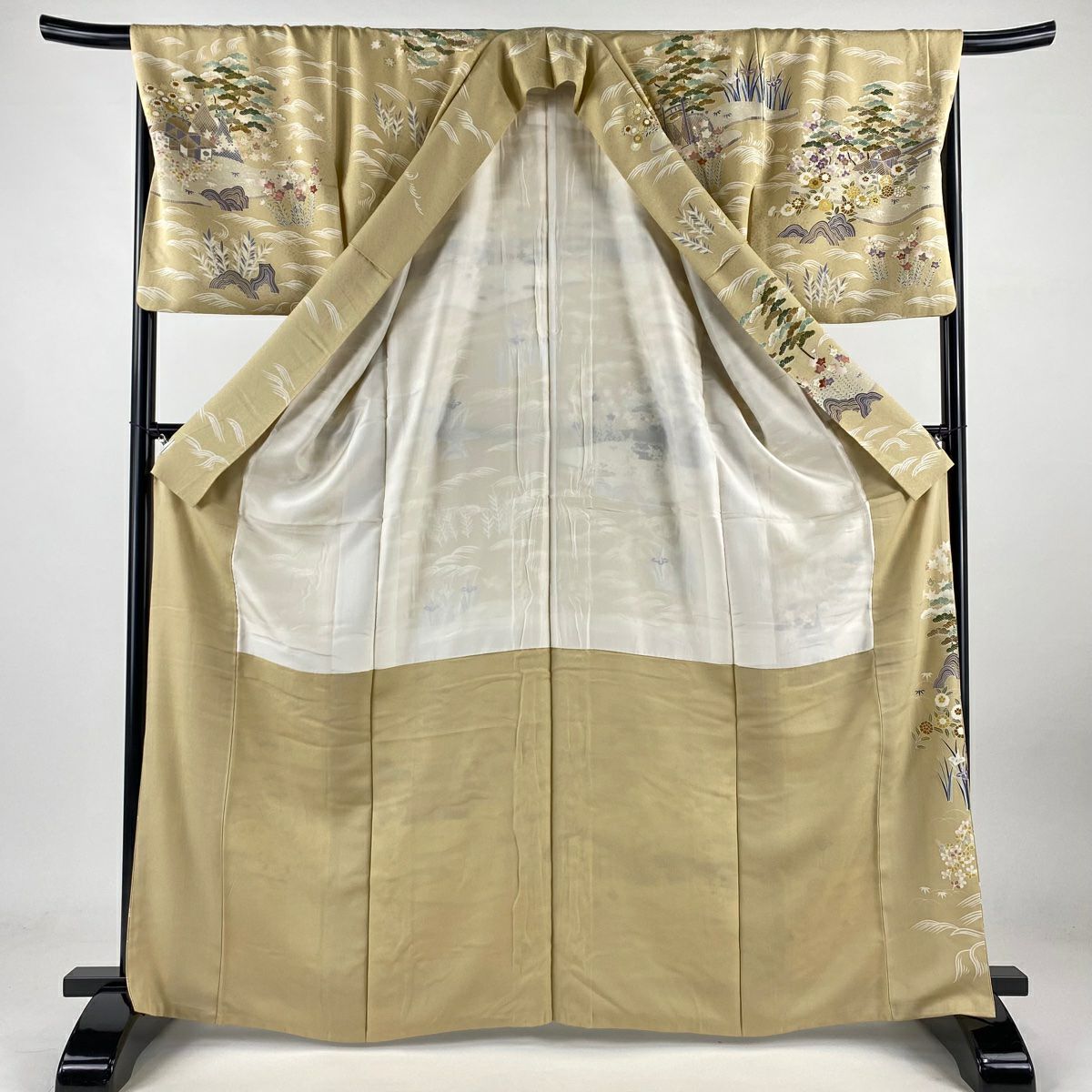 【庫存清倉】訪問服 身長166cm 袖長67.5cm L 雙層 家屋 松樹竹子梅花 金絲 金銀彩 米色 純蠶絲 名品級