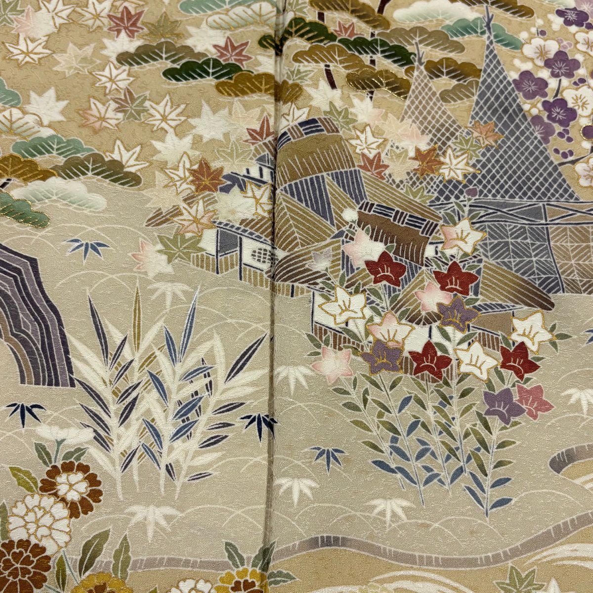 【庫存清倉】訪問服 身長166cm 袖長67.5cm L 雙層 家屋 松樹竹子梅花 金絲 金銀彩 米色 純蠶絲 名品級