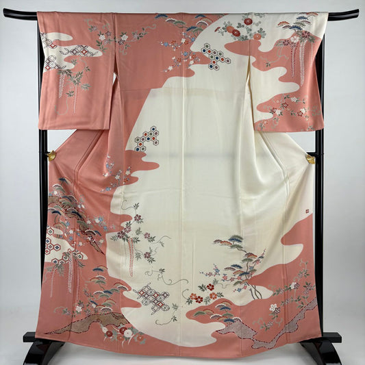 【庫存清倉】訪問服 身長164cm 袖長68cm L 雙層 落款 松樹梅花 龜甲 金糸 刺繡 鮭粉色 純蠶絲 名品級