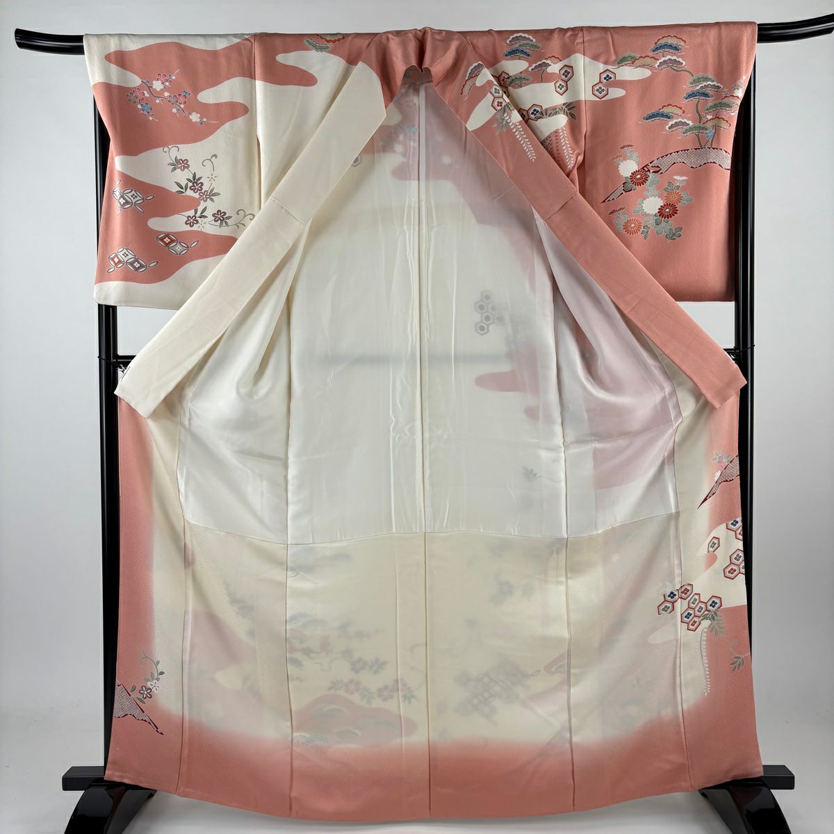 【庫存清倉】訪問服 身長164cm 袖長68cm L 雙層 落款 松樹梅花 龜甲 金糸 刺繡 鮭粉色 純蠶絲 名品級