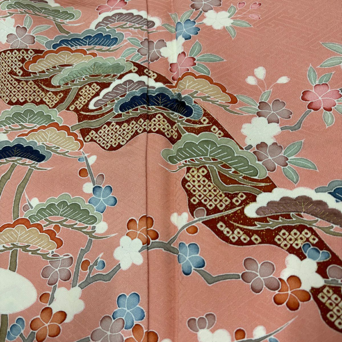 【庫存清倉】訪問服 身長164cm 袖長68cm L 雙層 落款 松樹梅花 龜甲 金糸 刺繡 鮭粉色 純蠶絲 名品級