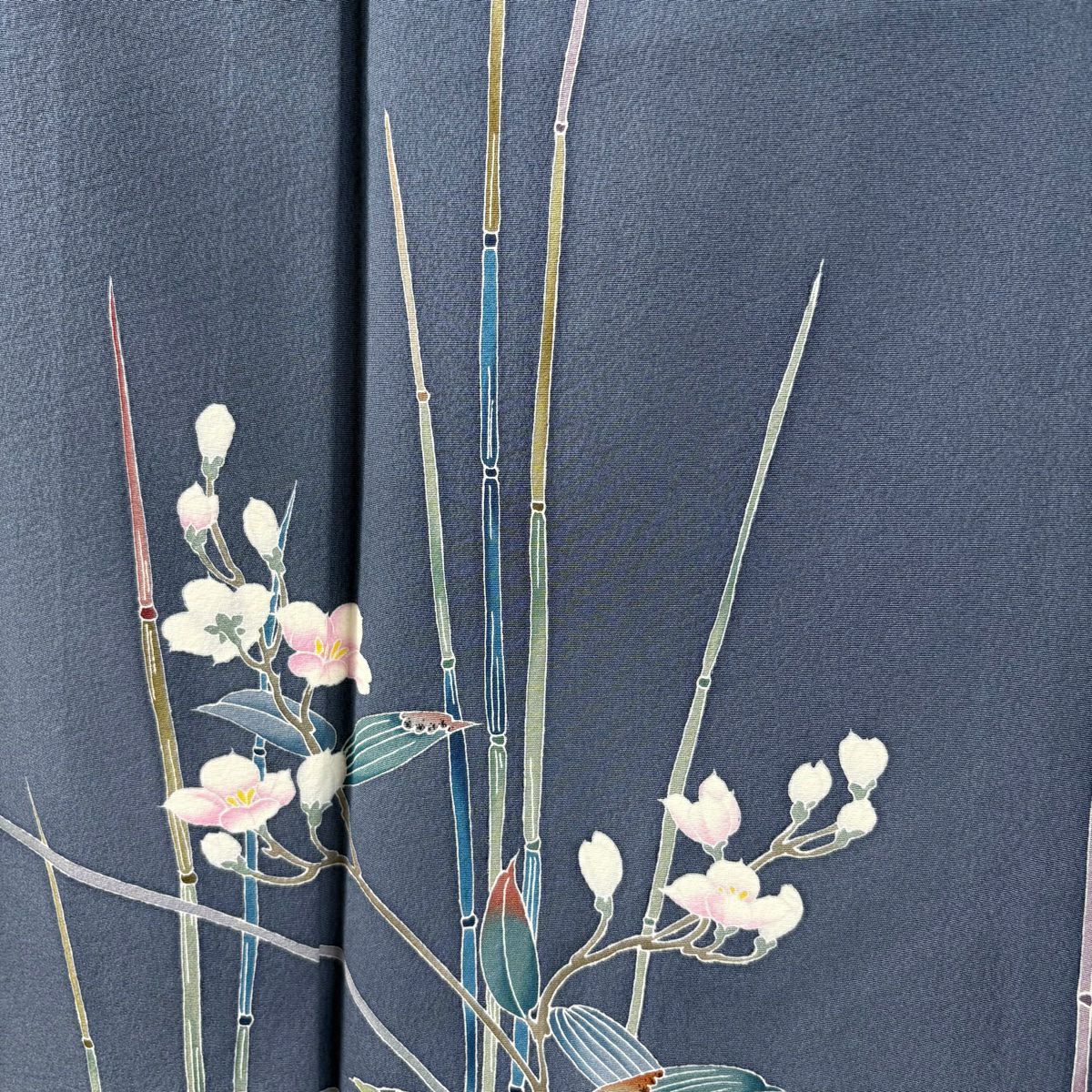 訪問服 身長156cm 袖長62.5cm S 雙層 田村哲彦 落款あり 草花紋紋 霞 漸層 青灰 純蠶絲 逸品級