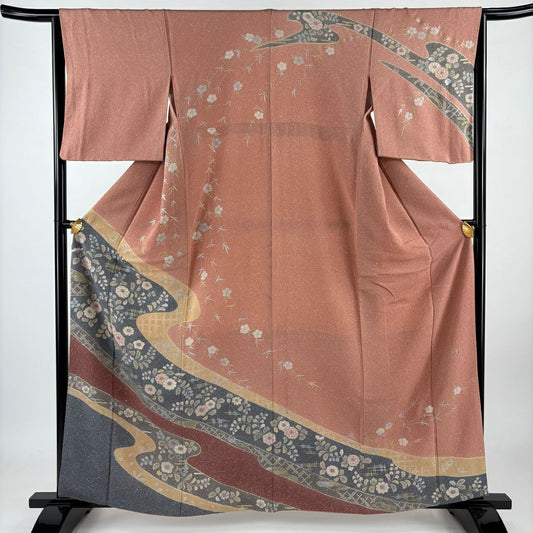 訪問服 身長161.5cm 袖長65cm M 雙層 落款あり 辻花染 霞 金銀彩 鮭粉色 純蠶絲 秀品級