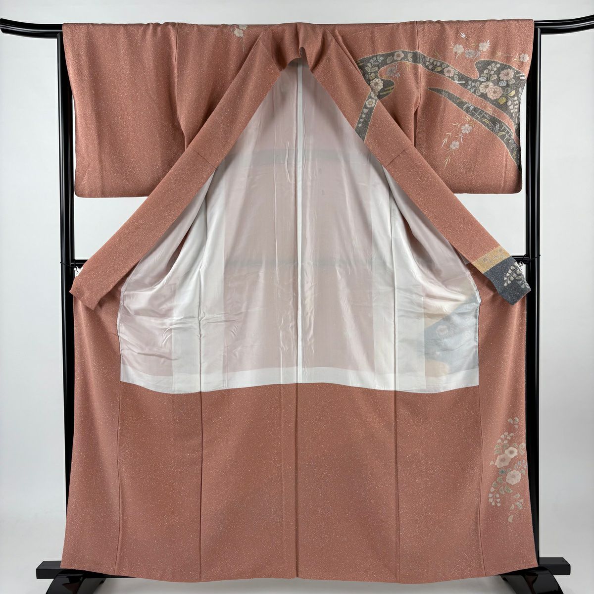 訪問服 身長161.5cm 袖長65cm M 雙層 落款あり 辻花染 霞 金銀彩 鮭粉色 純蠶絲 秀品級