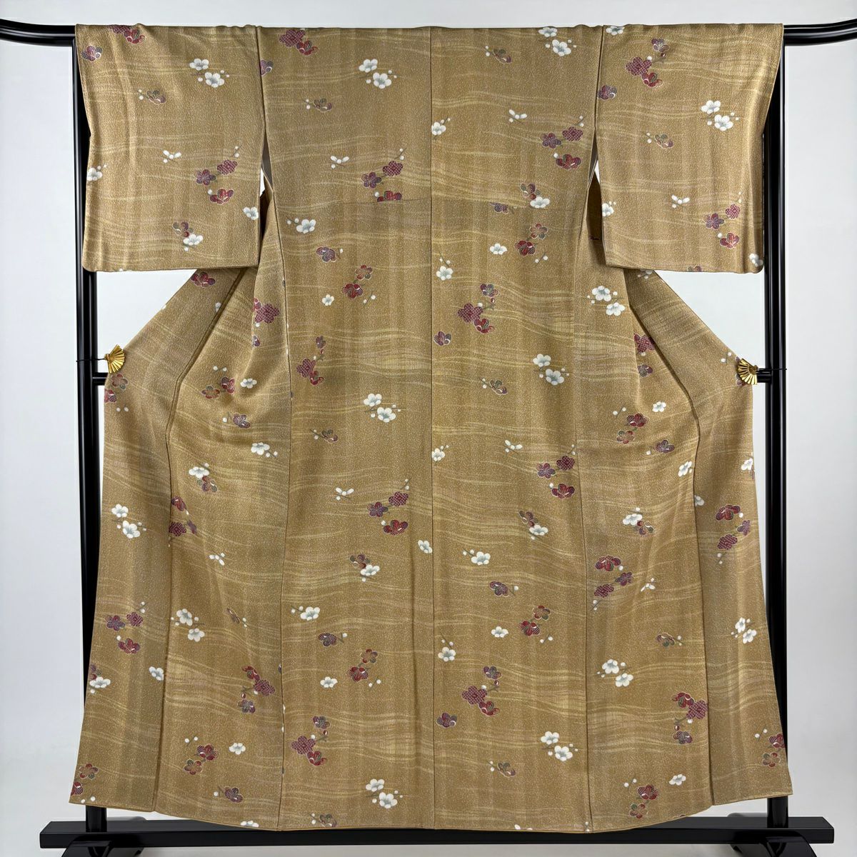 小紋 身長155.5cm 袖長65.5cm M 雙層 梅花 縞 金彩裝飾 黃土 純蠶絲 美品 秀品級