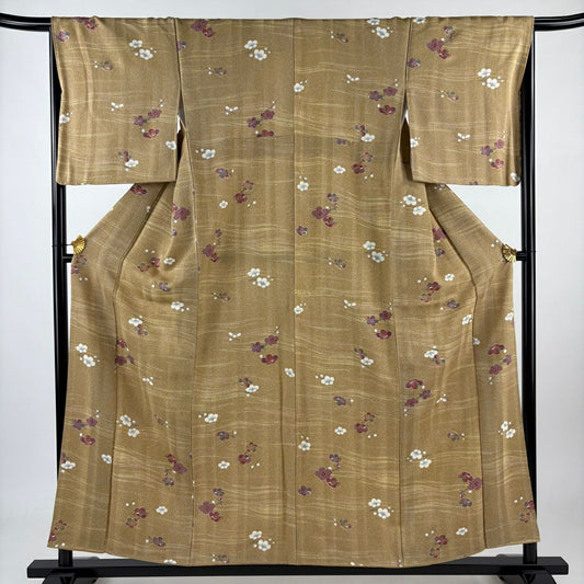 小紋 身長155.5cm 袖長65.5cm M 雙層 梅花 縞 金彩裝飾 黃土 純蠶絲 美品 秀品級