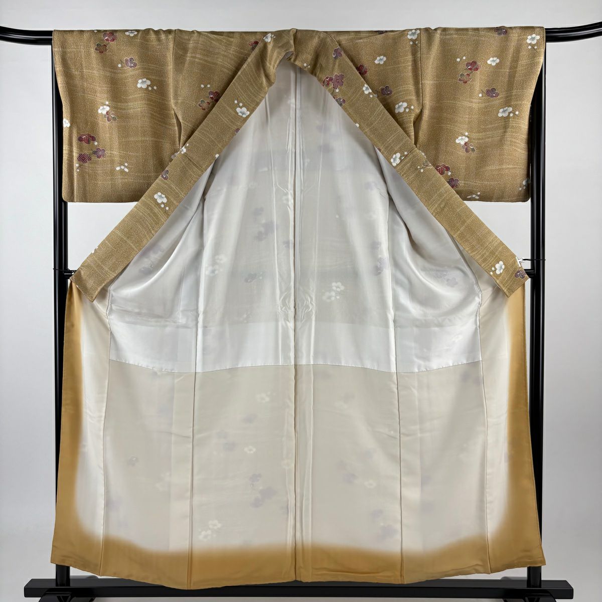 小紋 身長155.5cm 袖長65.5cm M 雙層 梅花 縞 金彩裝飾 黃土 純蠶絲 美品 秀品級