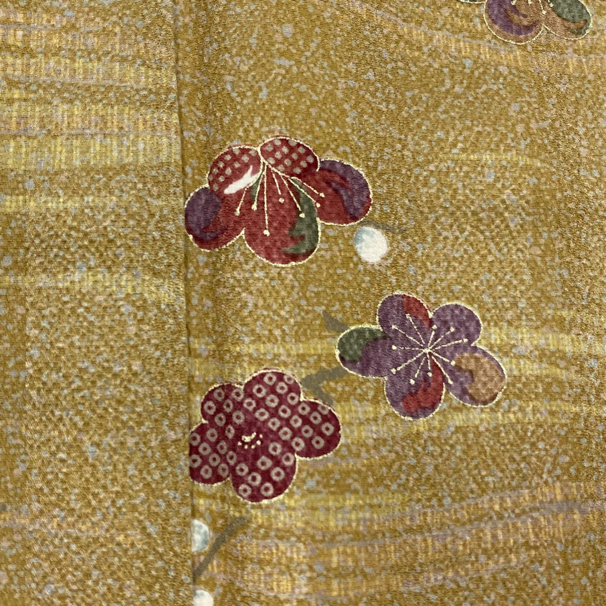 小紋 身長155.5cm 袖長65.5cm M 雙層 梅花 縞 金彩裝飾 黃土 純蠶絲 美品 秀品級