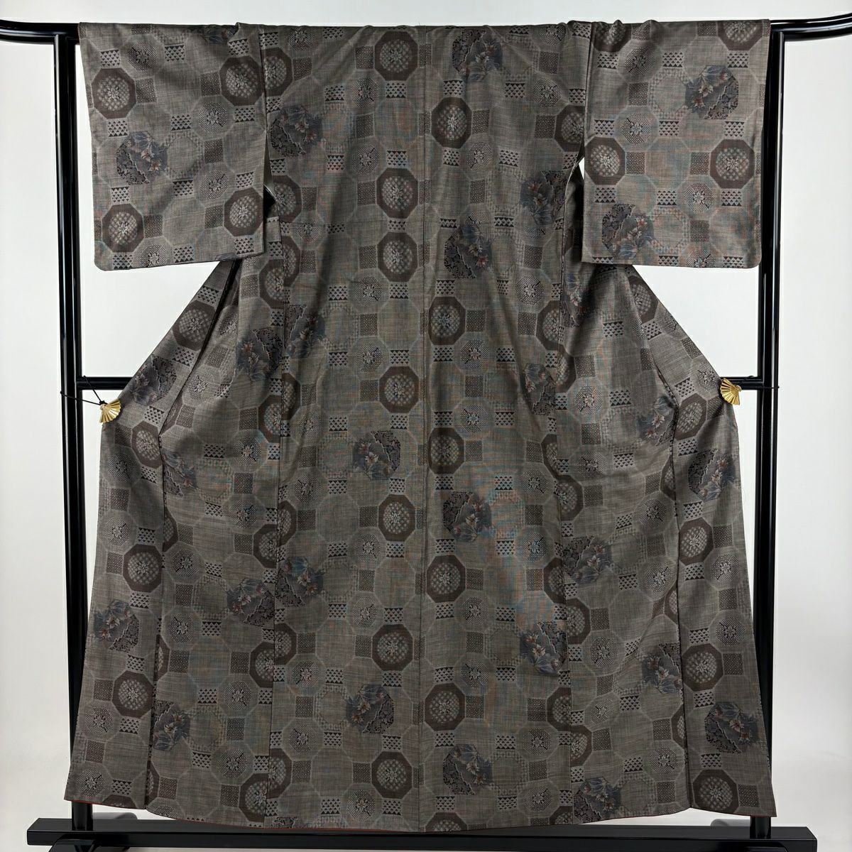 紬織 身長157cm 袖長64cm M 雙層 蜀江文 草花紋紋 茶 純蠶絲 美品 秀品級