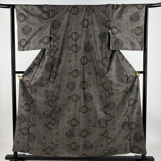 紬織 身長157cm 袖長64cm M 雙層 蜀江文 草花紋紋 茶 純蠶絲 美品 秀品級