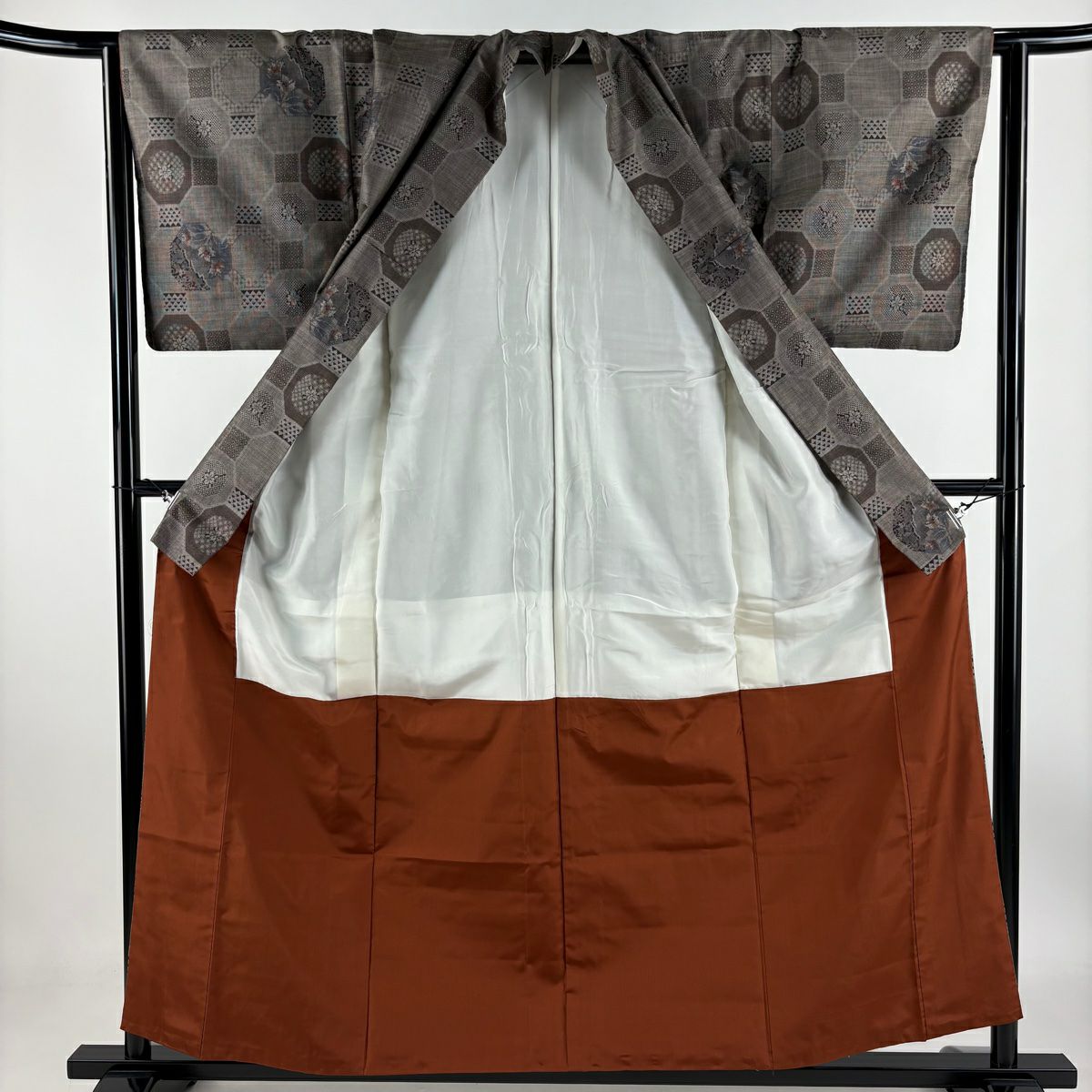 紬織 身長157cm 袖長64cm M 雙層 蜀江文 草花紋紋 茶 純蠶絲 美品 秀品級