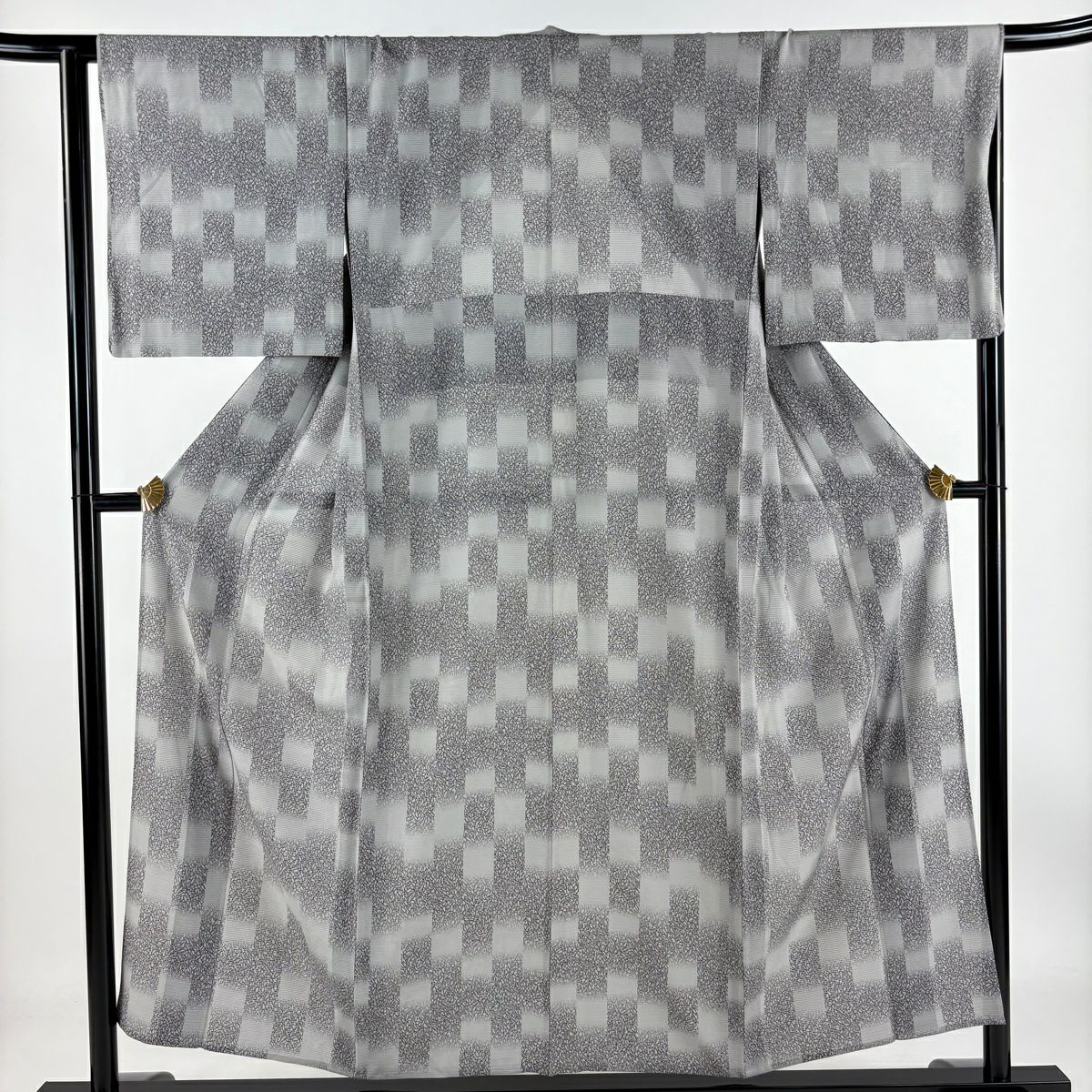 小紋 身長154cm 袖長64.5cm M 薄物 絽 變化市松樹 幾何圖案 灰 純蠶絲 優品級