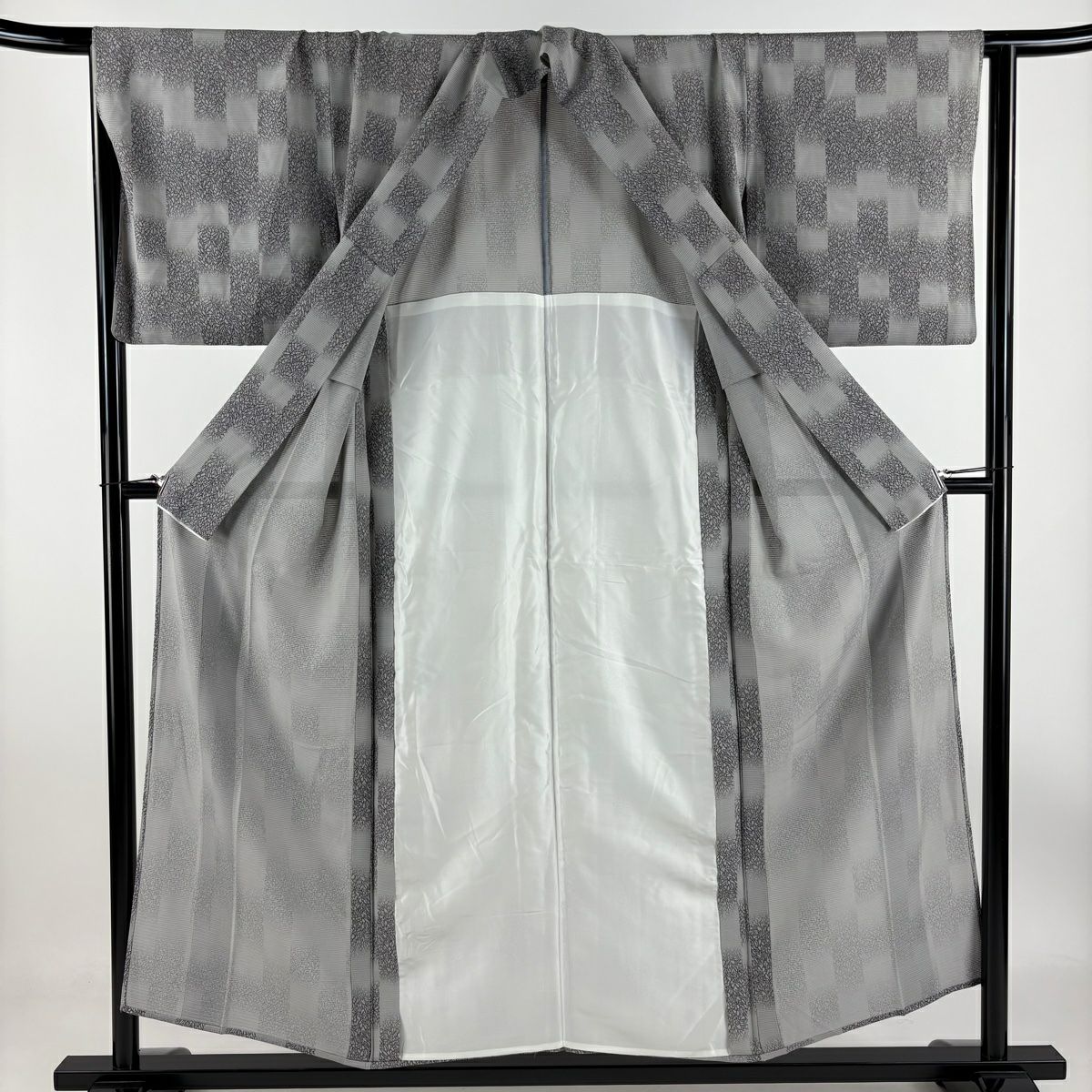 小紋 身長154cm 袖長64.5cm M 薄物 絽 變化市松樹 幾何圖案 灰 純蠶絲 優品級