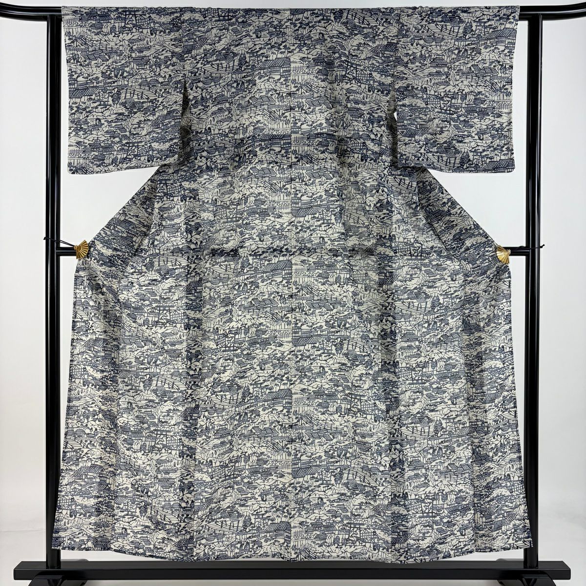 小紋 身長155cm 袖長62.5cm S 薄物 家屋 樹木 藍色 純蠶絲 美品 秀品級