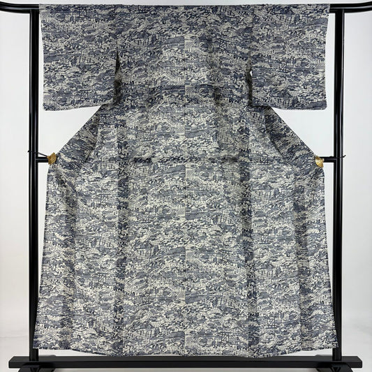 小紋 身長155cm 袖長62.5cm S 薄物 家屋 樹木 藍色 純蠶絲 美品 秀品級