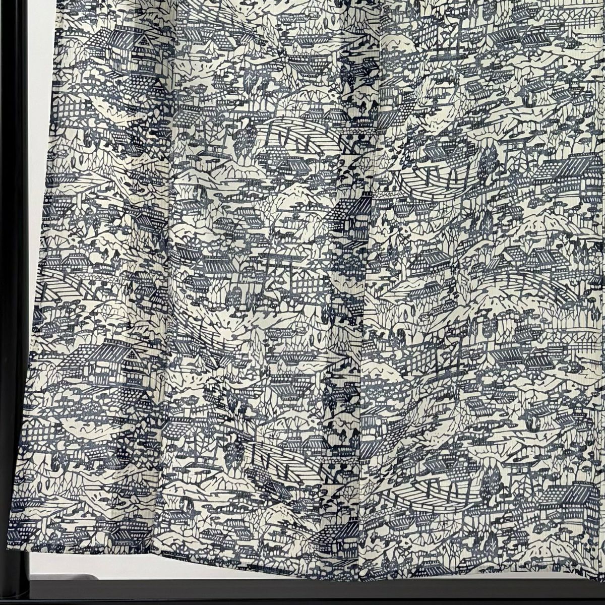 小紋 身長155cm 袖長62.5cm S 薄物 家屋 樹木 藍色 純蠶絲 美品 秀品級