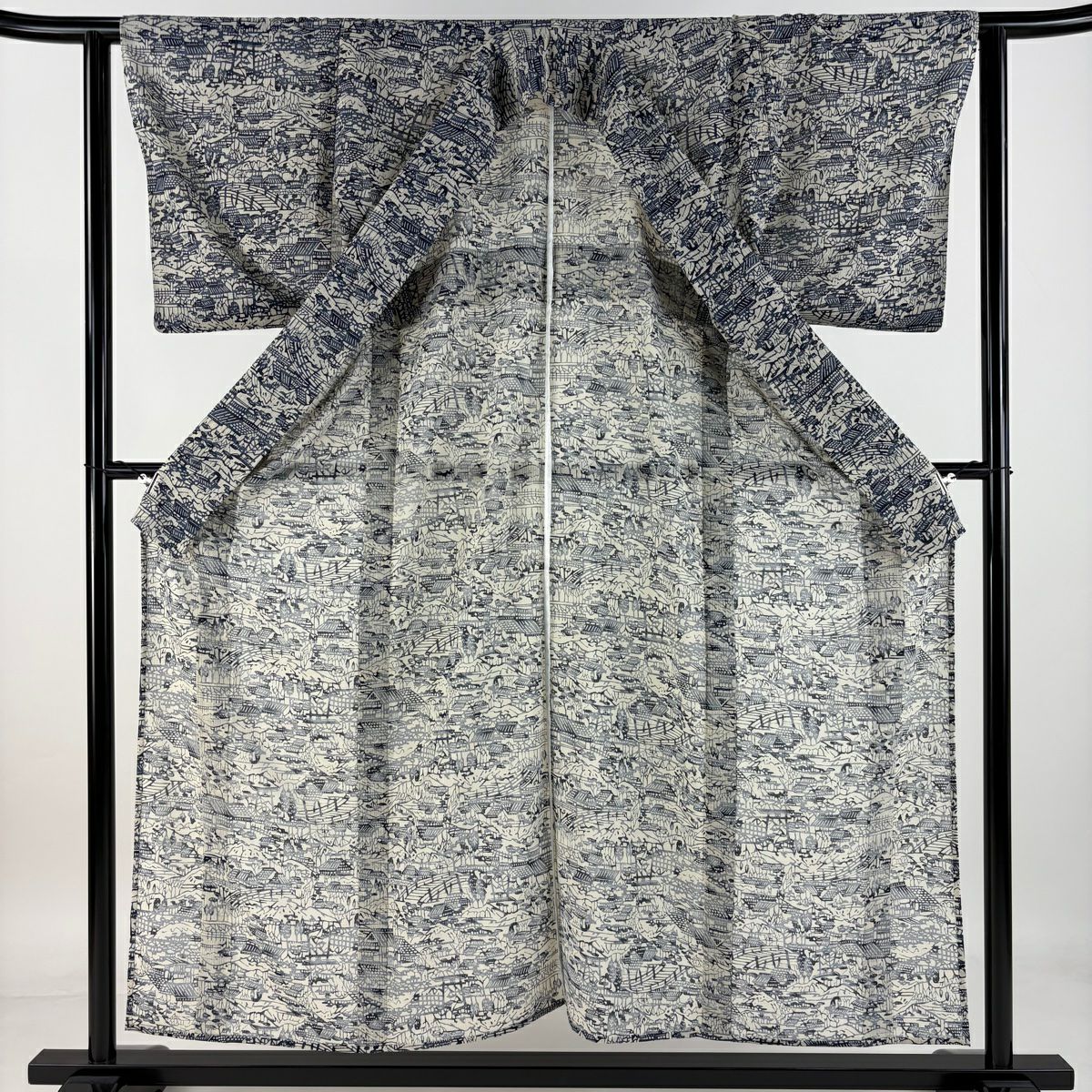 小紋 身長155cm 袖長62.5cm S 薄物 家屋 樹木 藍色 純蠶絲 美品 秀品級