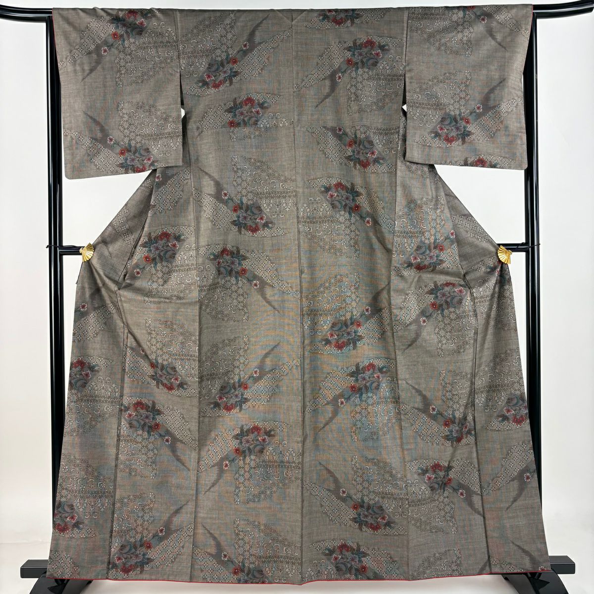 紬織 身長162cm 袖長65cm M 雙層 枝花 七寶 焦茶 純蠶絲 美品 秀品級