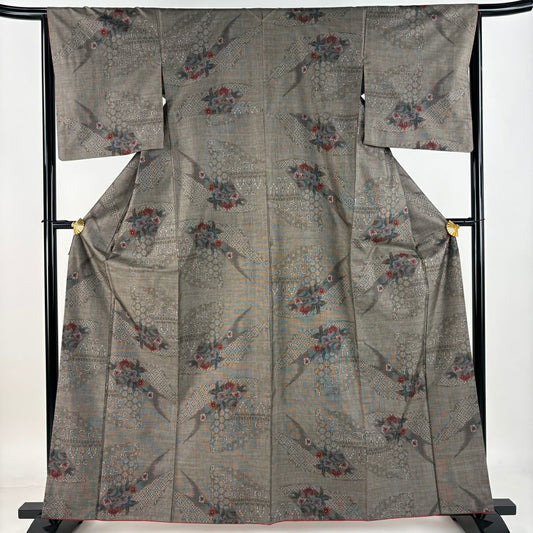 紬織 身長162cm 袖長65cm M 雙層 枝花 七寶 焦茶 純蠶絲 美品 秀品級