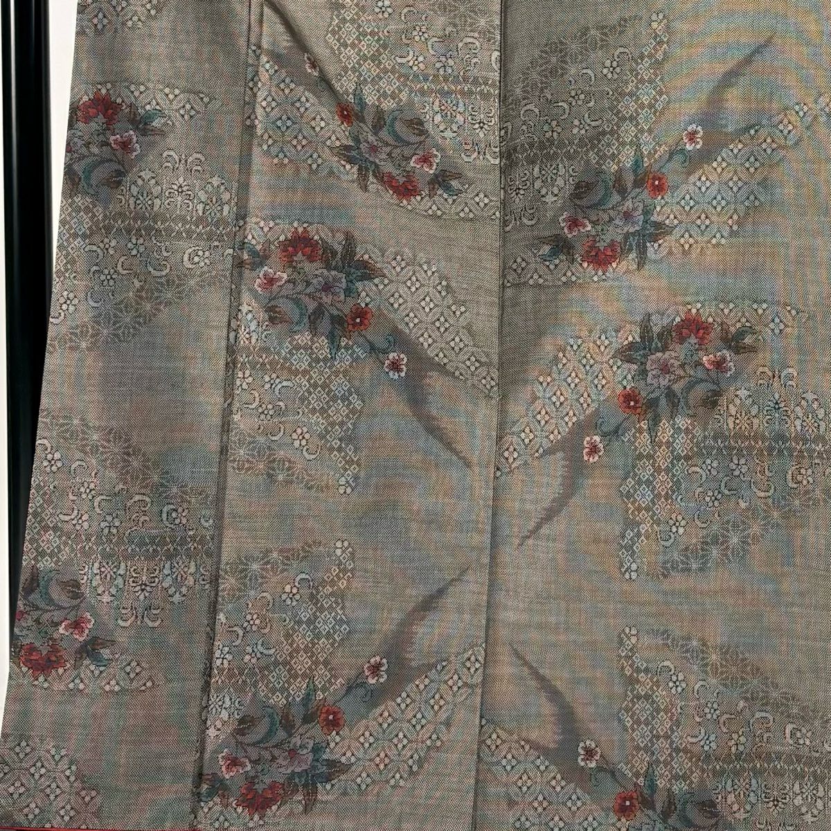 紬織 身長162cm 袖長65cm M 雙層 枝花 七寶 焦茶 純蠶絲 美品 秀品級