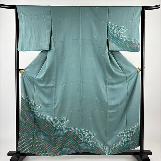 付下 身長157cm 袖長64cm M 雙層 霞 籠目 金銀彩 漸層 青綠 純蠶絲 優品級