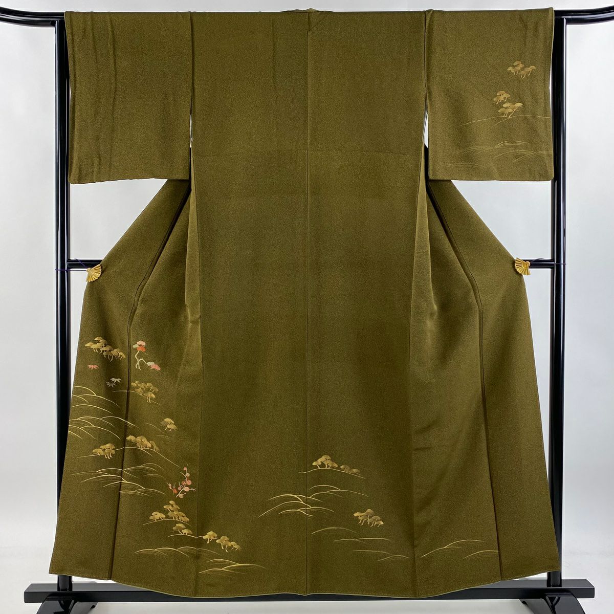 付下 身長157cm 袖長63.5cm S 雙層 天目染 松樹竹子梅花 刺繡 金銀彩 茶綠 純蠶絲 秀品級