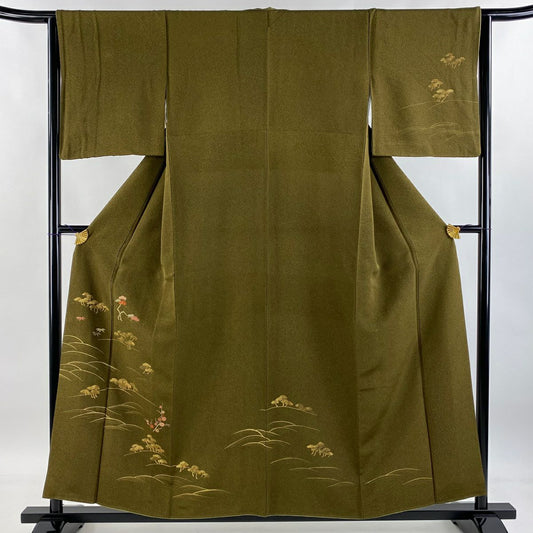 付下 身長157cm 袖長63.5cm S 雙層 天目染 松樹竹子梅花 刺繡 金銀彩 茶綠 純蠶絲 秀品級