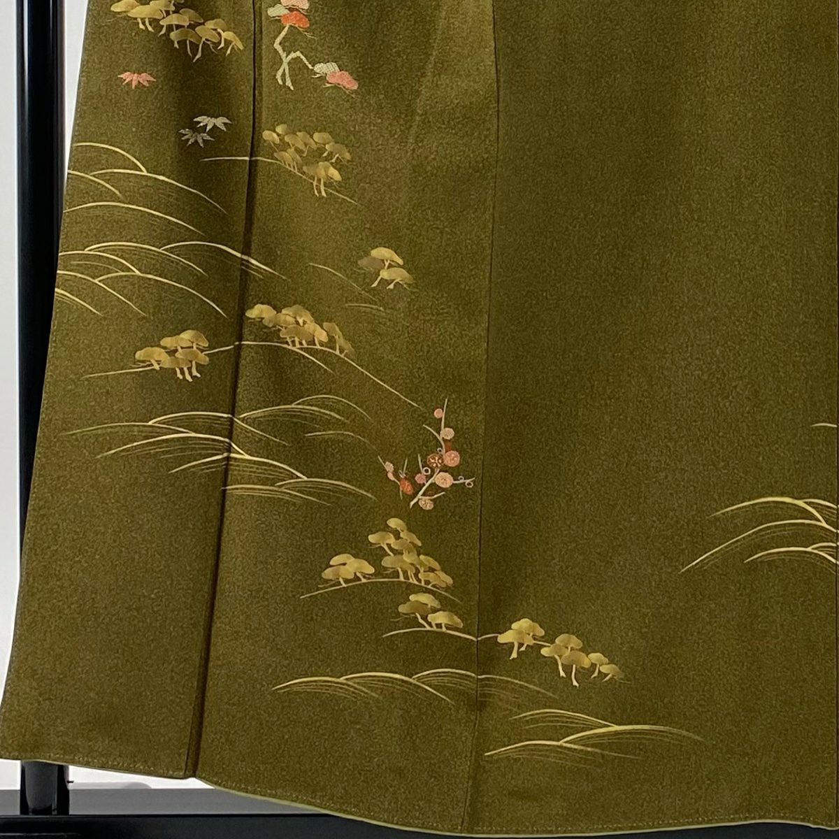 付下 身長157cm 袖長63.5cm S 雙層 天目染 松樹竹子梅花 刺繡 金銀彩 茶綠 純蠶絲 秀品級