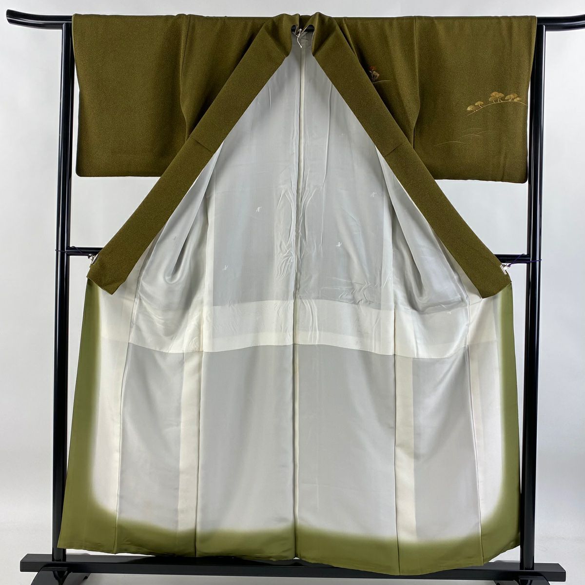 付下 身長157cm 袖長63.5cm S 雙層 天目染 松樹竹子梅花 刺繡 金銀彩 茶綠 純蠶絲 秀品級