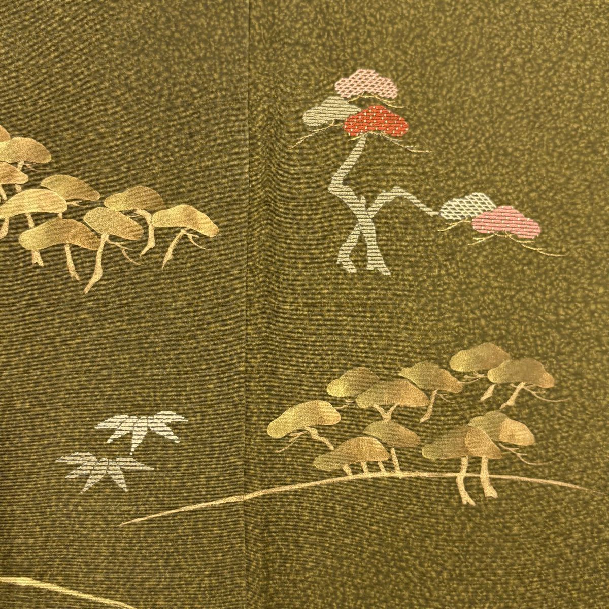 付下 身長157cm 袖長63.5cm S 雙層 天目染 松樹竹子梅花 刺繡 金銀彩 茶綠 純蠶絲 秀品級