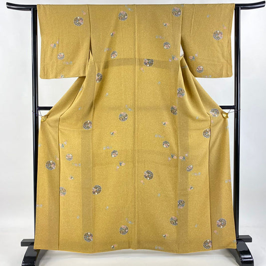 小紋 身長165cm 袖長63cm S 雙層 雪輪 草花紋 紅橙 金蠶絲 美品 秀品級