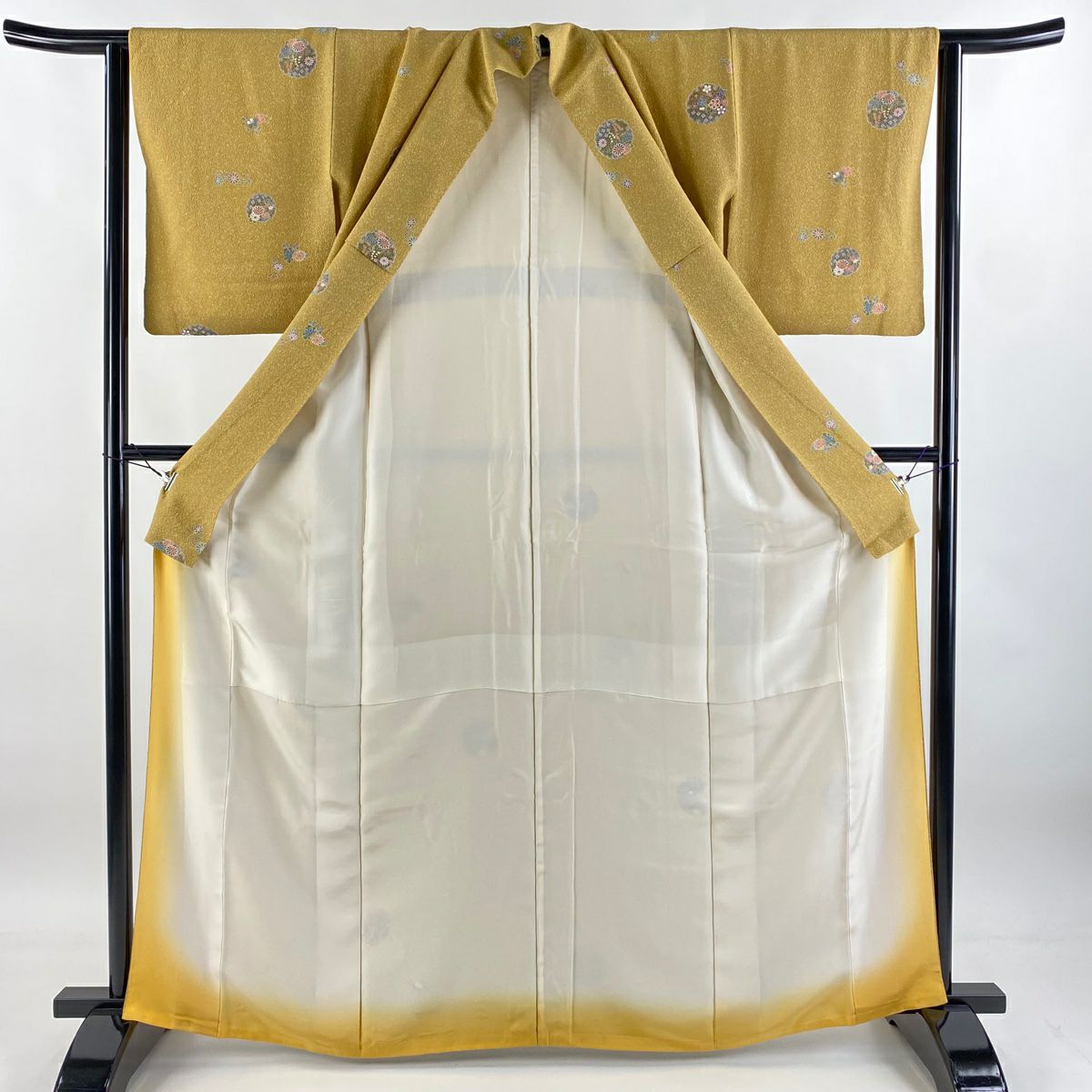 小紋 身長165cm 袖長63cm S 雙層 雪輪 草花紋 紅橙 金蠶絲 美品 秀品級