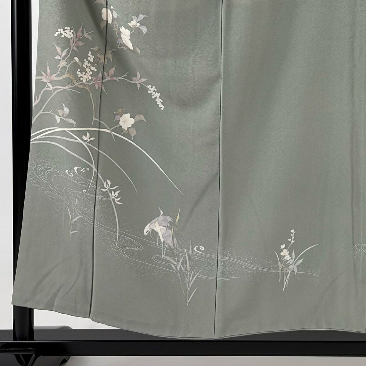 訪問服 身長156cm 袖長65cm M 雙層 落款あり 葉與實 枝花 灰綠 純蠶絲 秀品級 一個紋