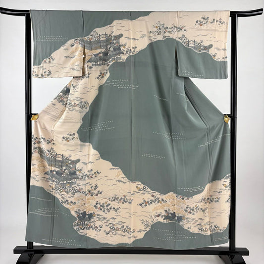 訪問服 身長155.5cm 袖長63.5cm S 雙層 家屋 菊花 金彩裝飾 絞染 灰綠 純蠶絲 秀品級