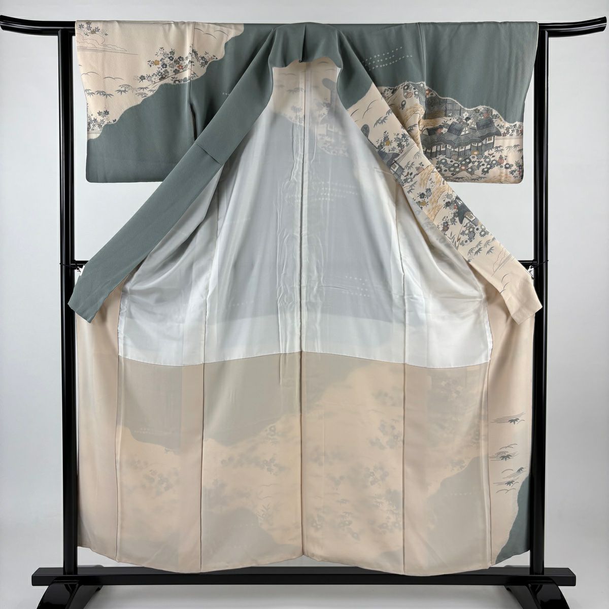 訪問服 身長155.5cm 袖長63.5cm S 雙層 家屋 菊花 金彩裝飾 絞染 灰綠 純蠶絲 秀品級