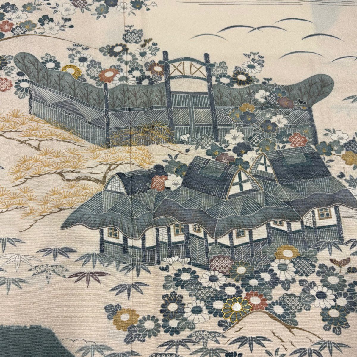 訪問服 身長155.5cm 袖長63.5cm S 雙層 家屋 菊花 金彩裝飾 絞染 灰綠 純蠶絲 秀品級