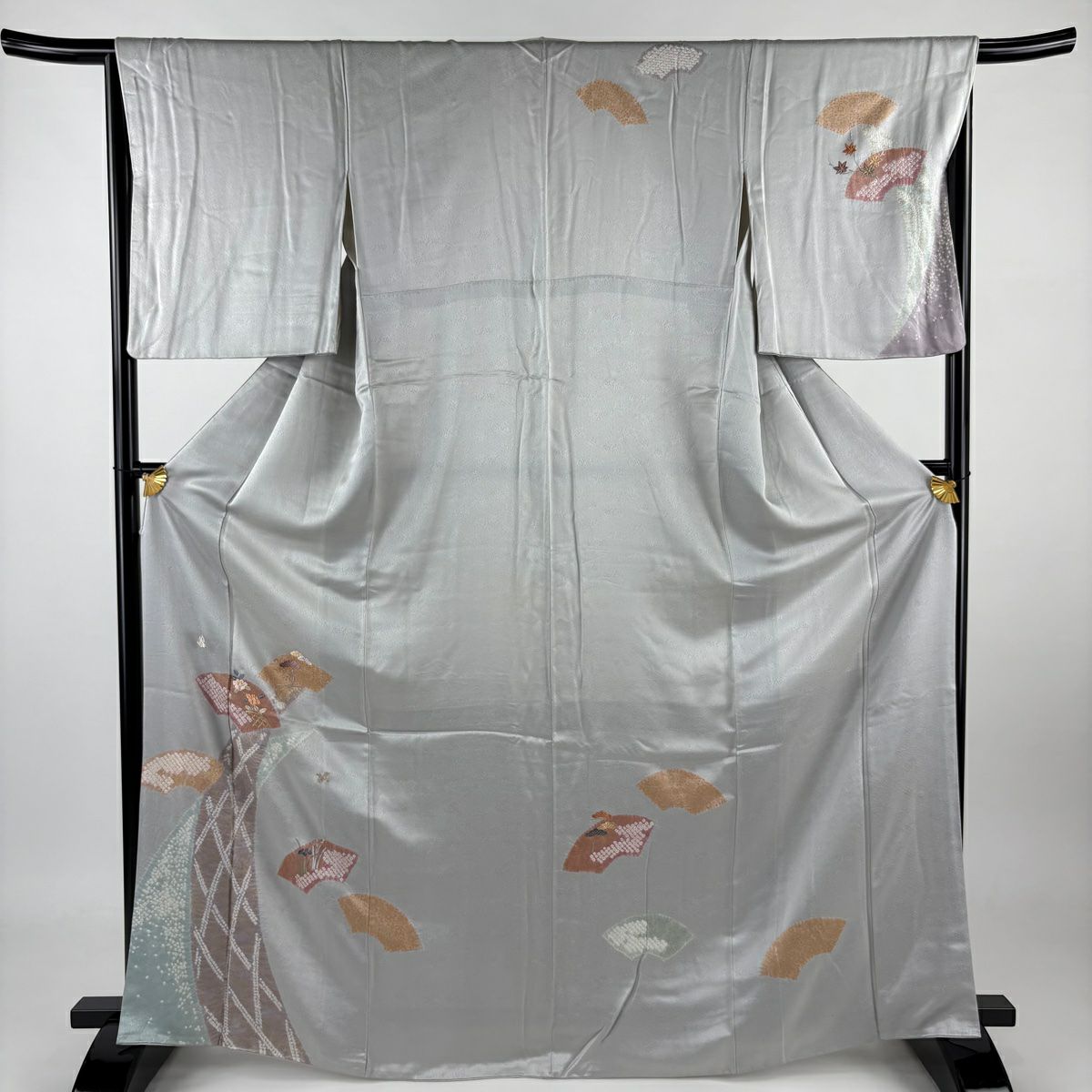 付下 身長168cm 袖長66cm M 雙層 扇子面 草花紋紋 刺繡 金彩裝飾 青灰 純蠶絲 秀品級