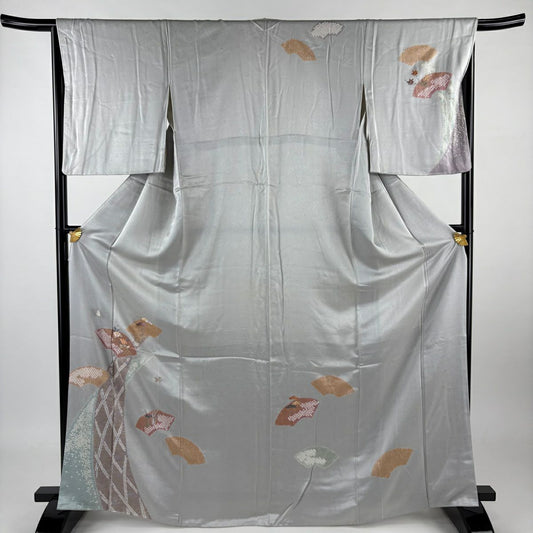 付下 身長168cm 袖長66cm M 雙層 扇子面 草花紋紋 刺繡 金彩裝飾 青灰 純蠶絲 秀品級
