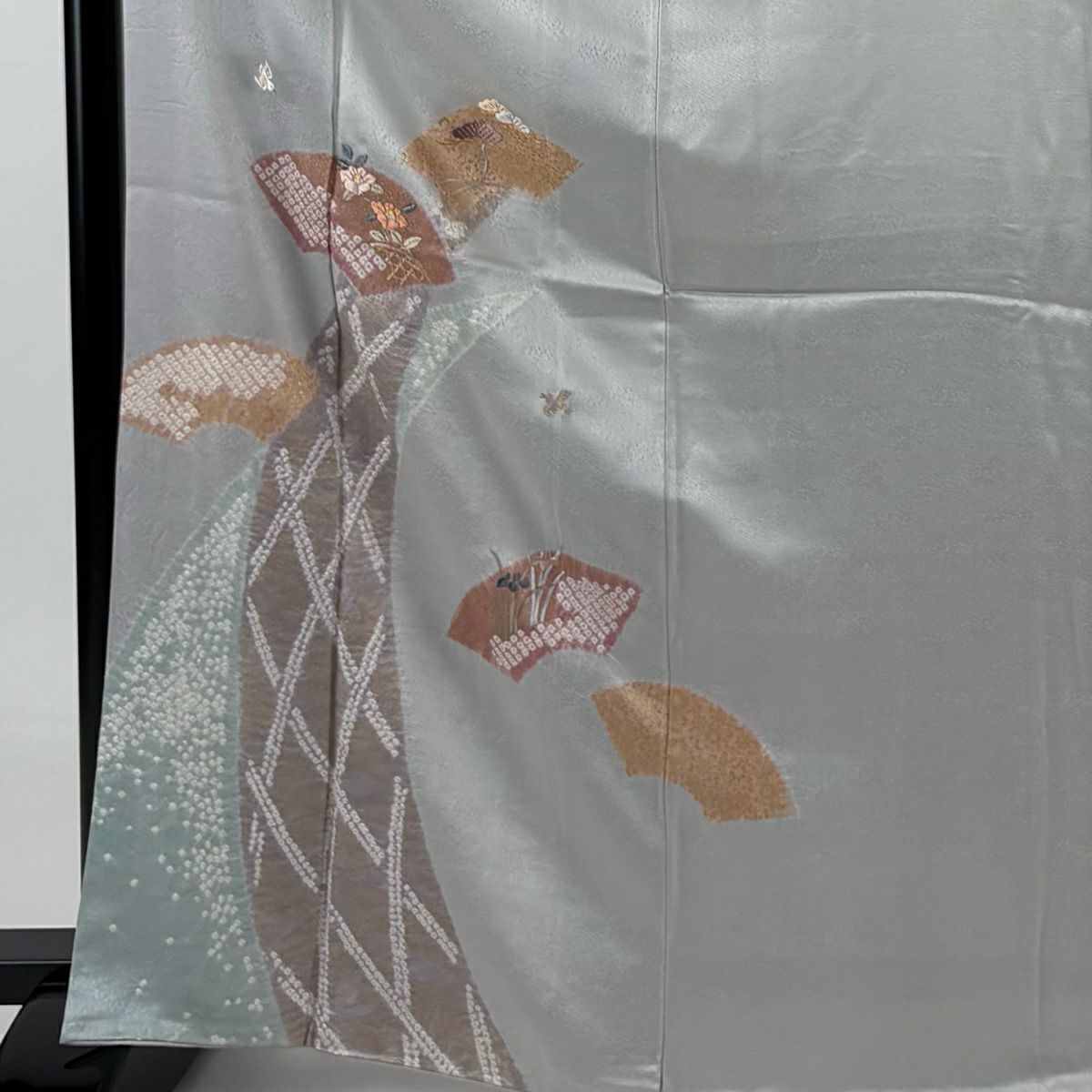 付下 身長168cm 袖長66cm M 雙層 扇子面 草花紋紋 刺繡 金彩裝飾 青灰 純蠶絲 秀品級